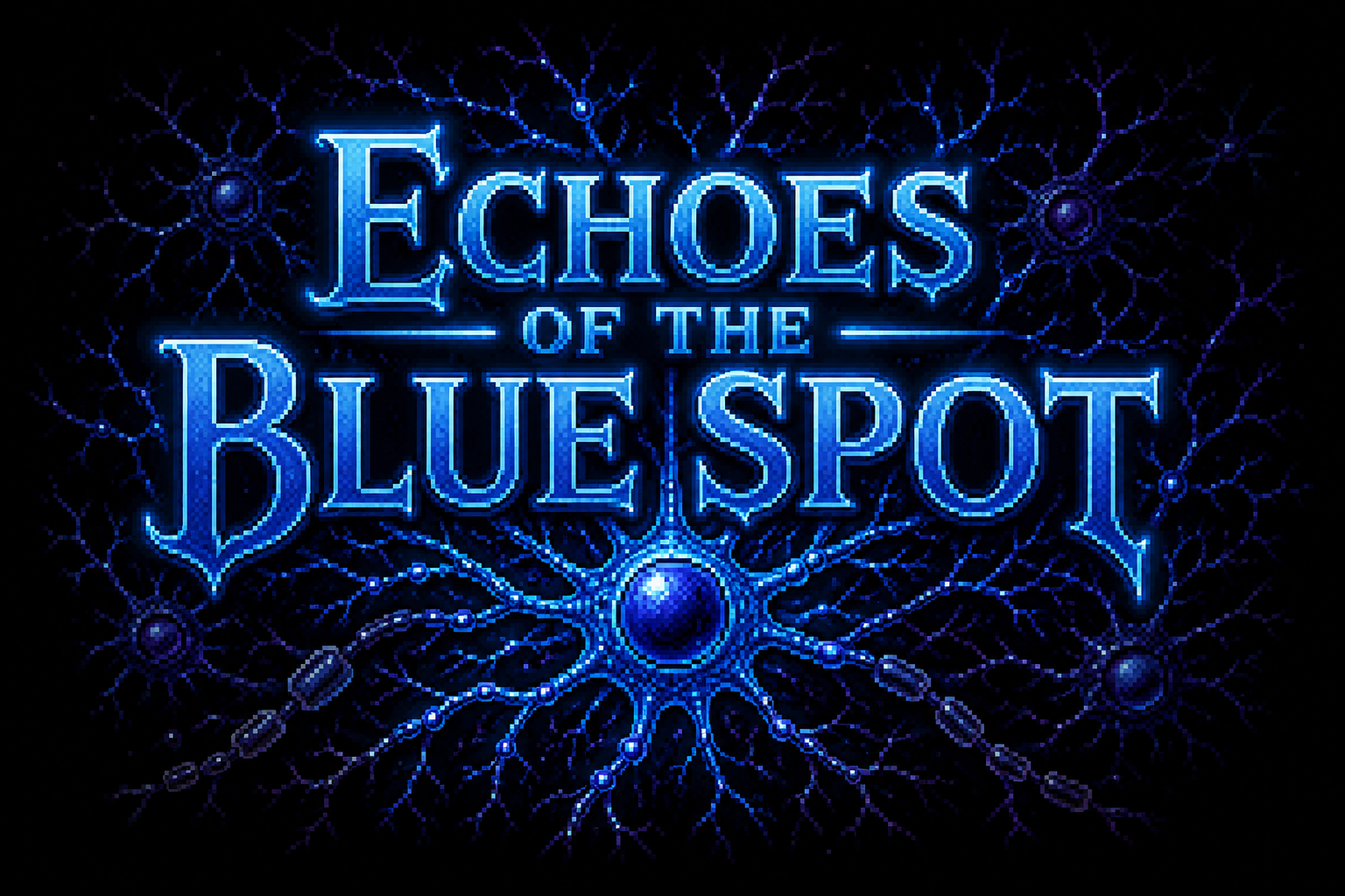 Title screen for Echoes of the Blue Spot, featuring blue neurons in pixel art